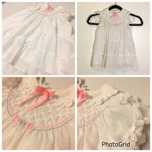 Vintage Poly Flinders Hand Smocked White Dress Pink Blue Wedding Christening (IB